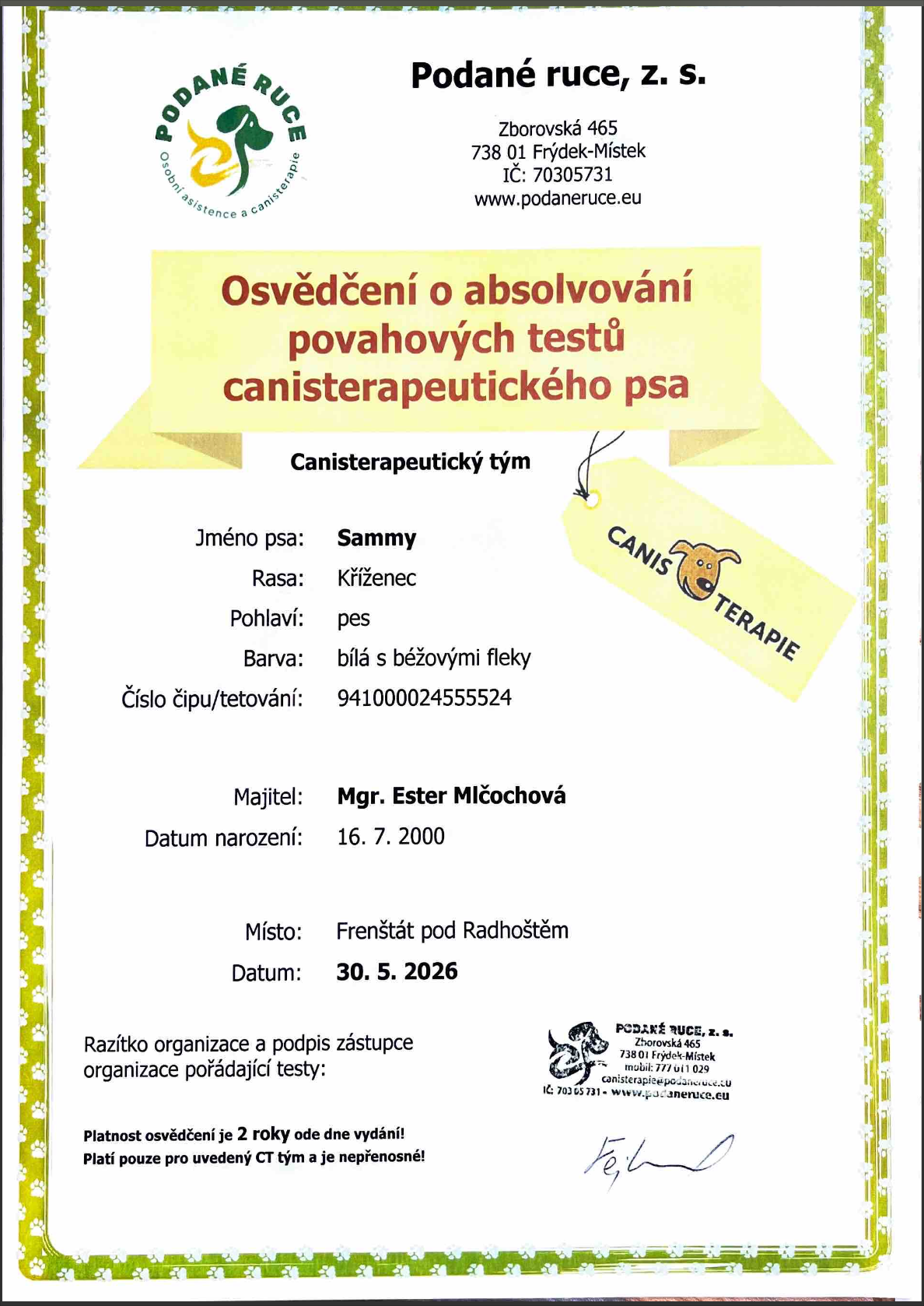 Osvědčení o absolvování povahových testů canisterapeutického psa