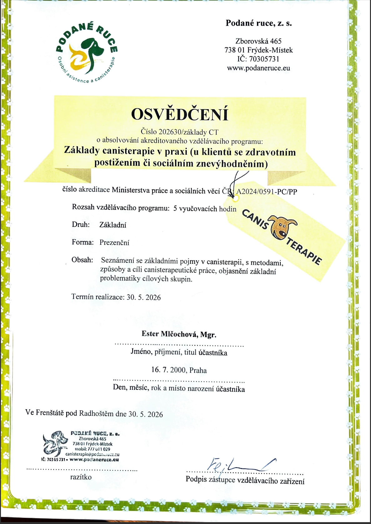 Osvědčení o absolvování akreditovaného vzdělávacího programu MPSV